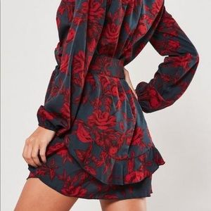 Red Floral V Neck dress